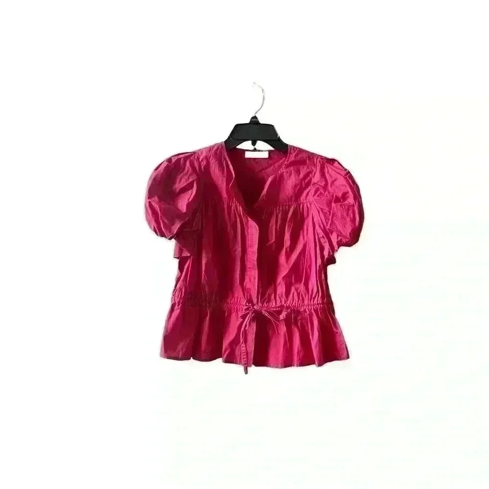 Ulla Johnson Peplum Hem Tie Magenta Puff Sleeves Cotton Blouse Size 00/0/2.